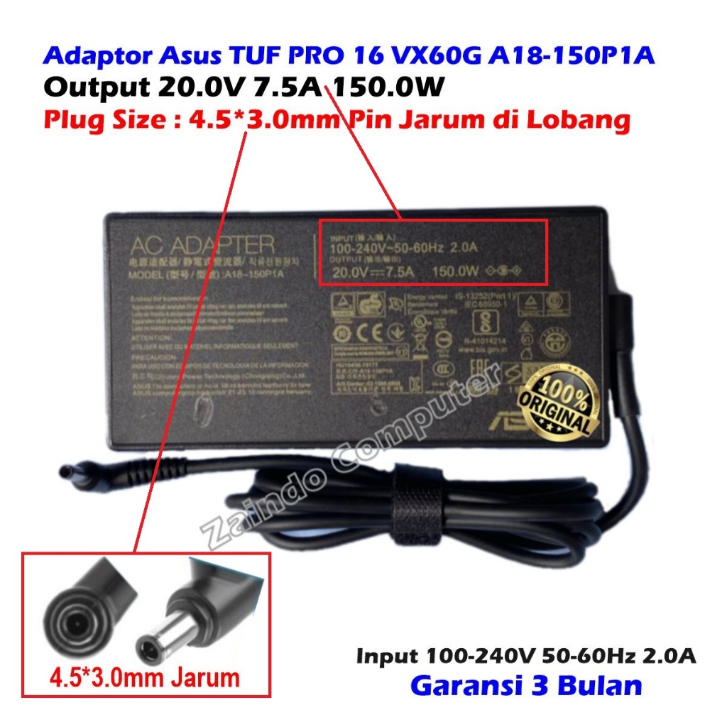 ASUS A18-150P1A 20V-7.5A 150W LAPTOP ADAPTER (4.5x3.0 มม.) ASUS TUF PRO 16 VX60G A18-150P1A 20V 7.5A