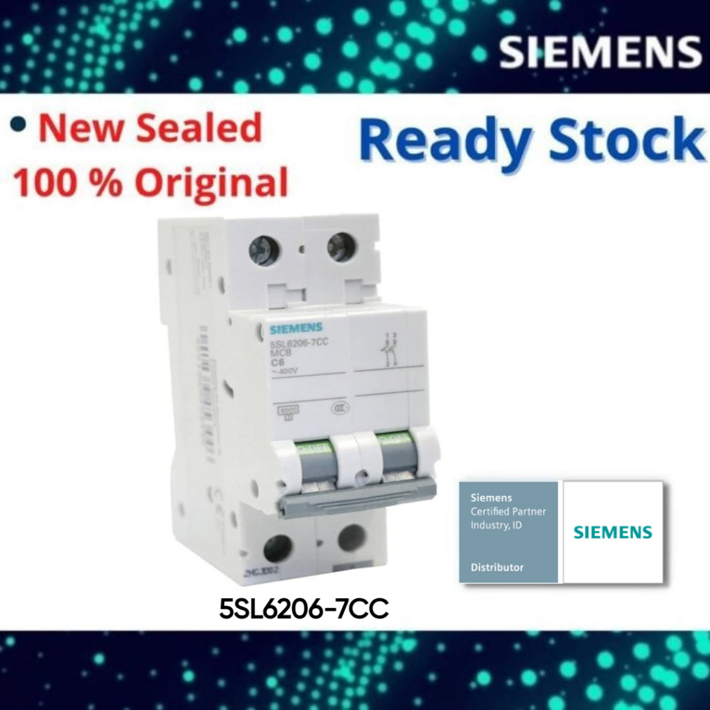 Siemens 5SL6206-7CC เซอร์กิตเบรกเกอร์ขนาดเล็ก MCB 6A, C, 400 V 6kA, 2 ขั้ว