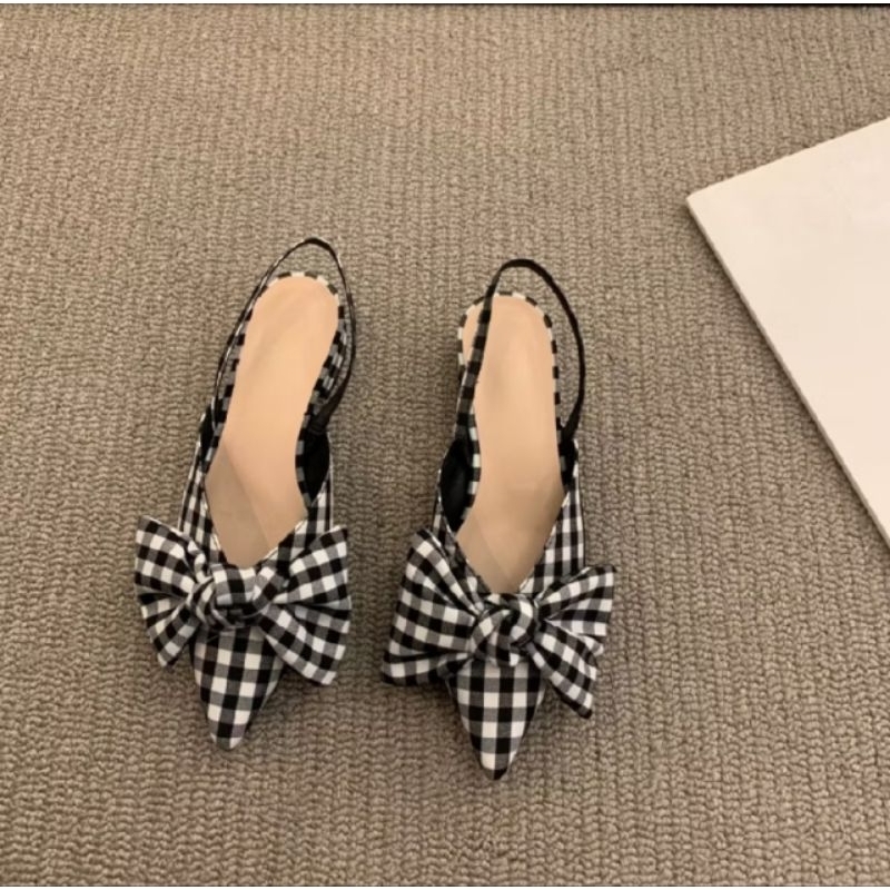 KOREAN LUXURY รองเท้าแตะส้นริบบิ้นผู้หญิงพร้อมสายหลัง