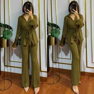 Rhai One Set Wanita Kekinian Setelan Crinkle One Set Lebaran 2025 Setelan Tali Samping One set Kancing Depan Setelan Jumbo Terlaris