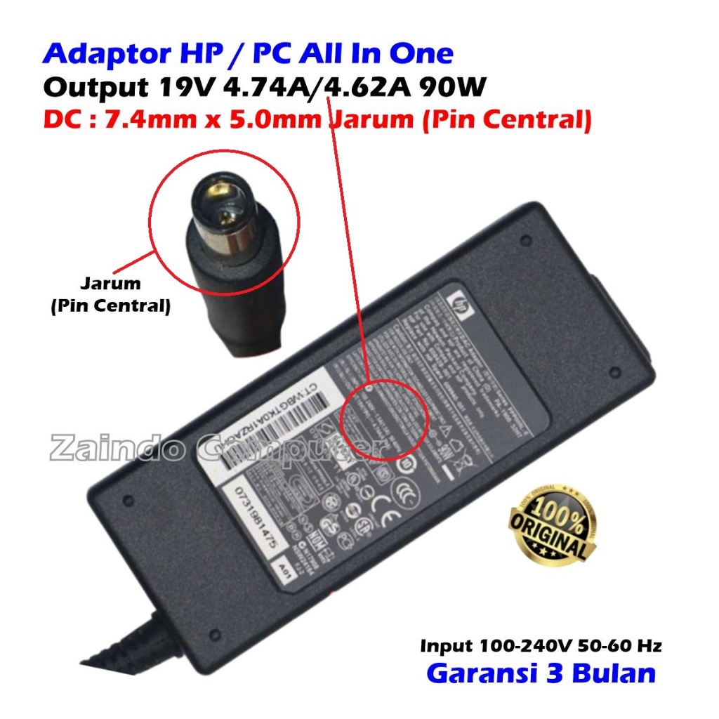 HP ADAPTOR 19V 4.74A/4.62A PIN (7.4*5.0) PC HP AIO, PROBOOK 440 G1, 4441S, LITEBOOK 6670B, 8470P, HP