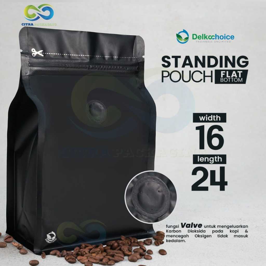 COFFEE PACKAGING STANDING POUCH FLAT BOTTOM VALVE - ALU FOIL PACKAGING BLACK DOFF 16 X 24