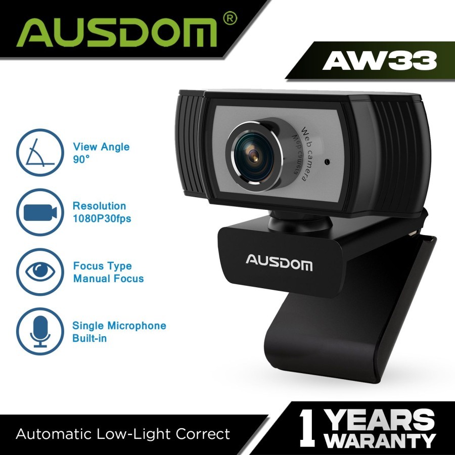 Ausdom Webcam 1080P พร้อมไมโครโฟน โฟกัสแบบแมนนวล - AW33