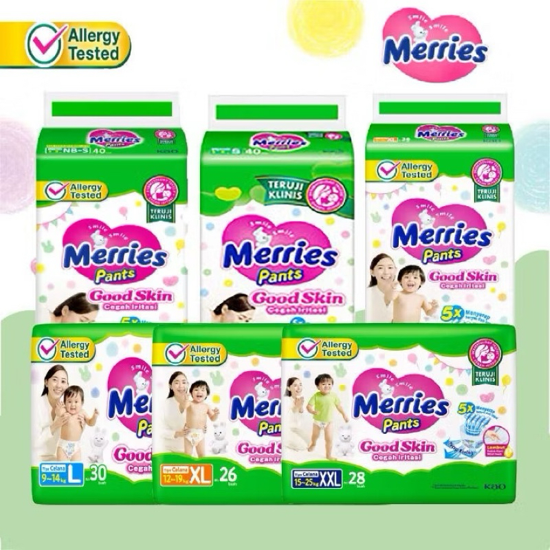 Merries Pants กางเกงผ้าอ้อม Good Skin S40 / M34 / L30 / XL26 / XXL28 แถมฟรี พัฟเด็กซัน Pampers Merri