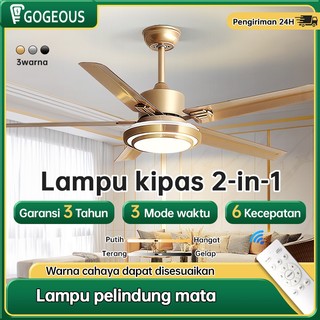 GOGEOUS Lampu kipas angin plafon LED 2in1 3 warna 6 kecepatan 42/48/52 inci kipas angin gantung plafon dengan lampu meja makan kamar tidur balkon lampu kipas angin plafon remote