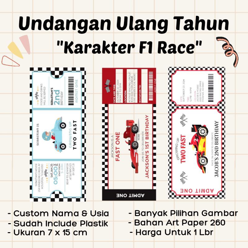 F1 Ticket Themed การ์ดเชิญวันเกิดเด็ก