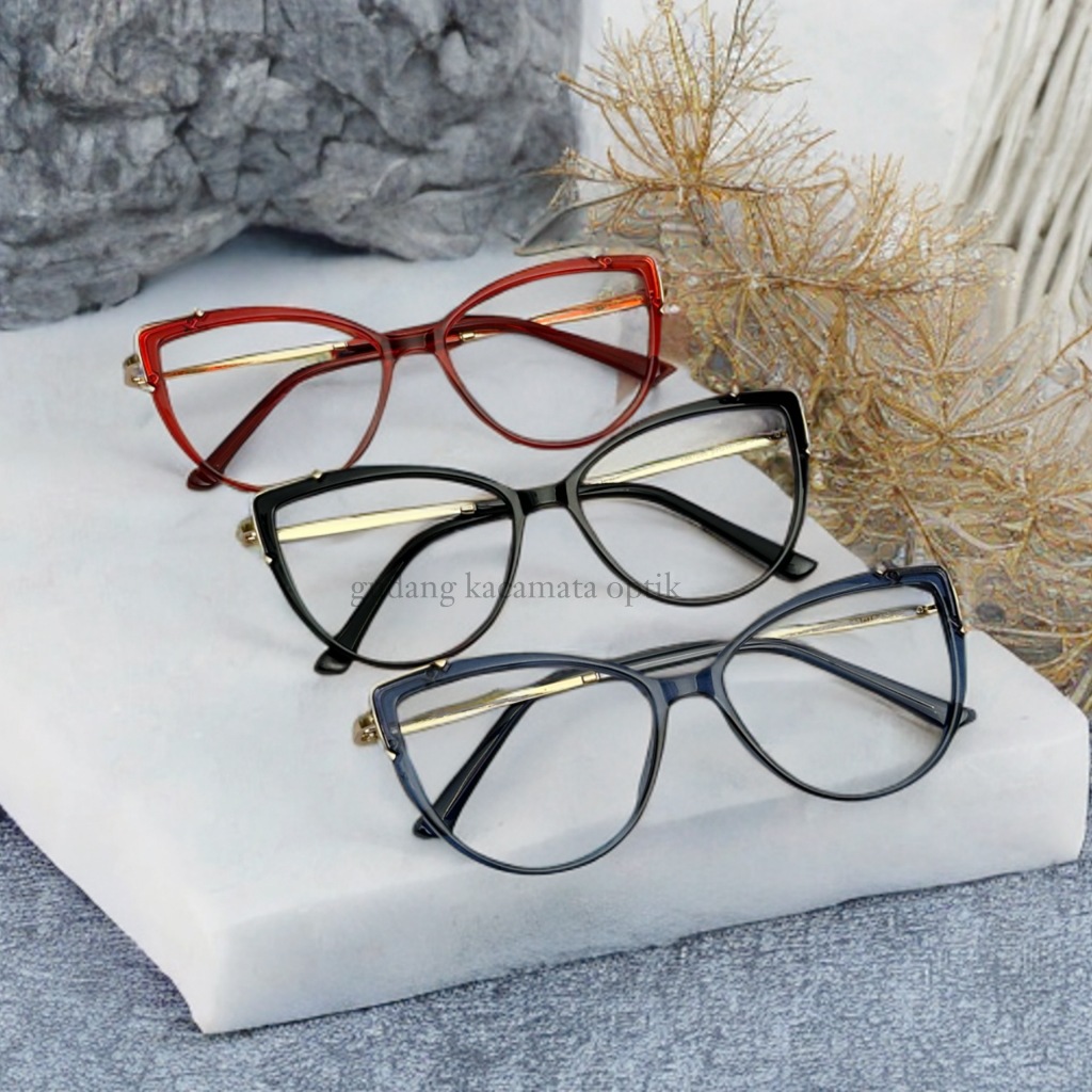 Fuhang - แว่นตาผู้หญิง Photochromik Cateye ยืดหยุ่น Minus Blueray ป้องกันรังสี Bluecromik Optik87086
