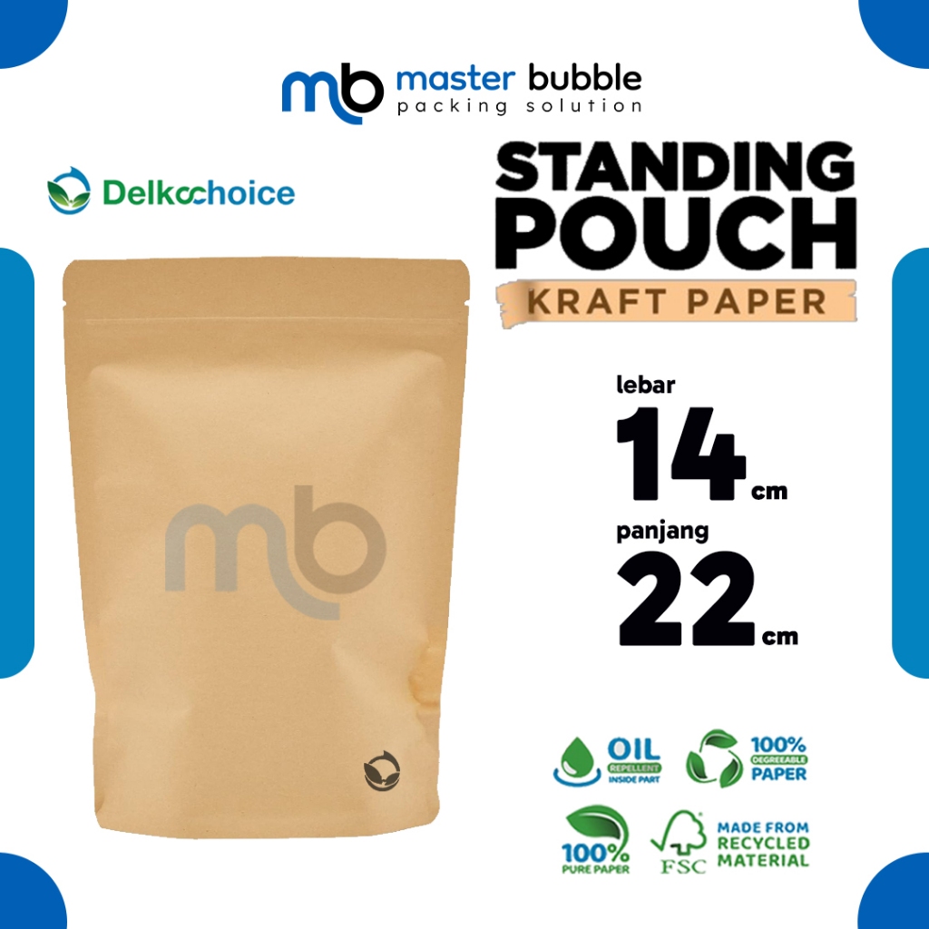 Standing Pouch Kraft Paper 14cm X 22cm - 90mic ziplock snack packaging food packaging Delkochoice
