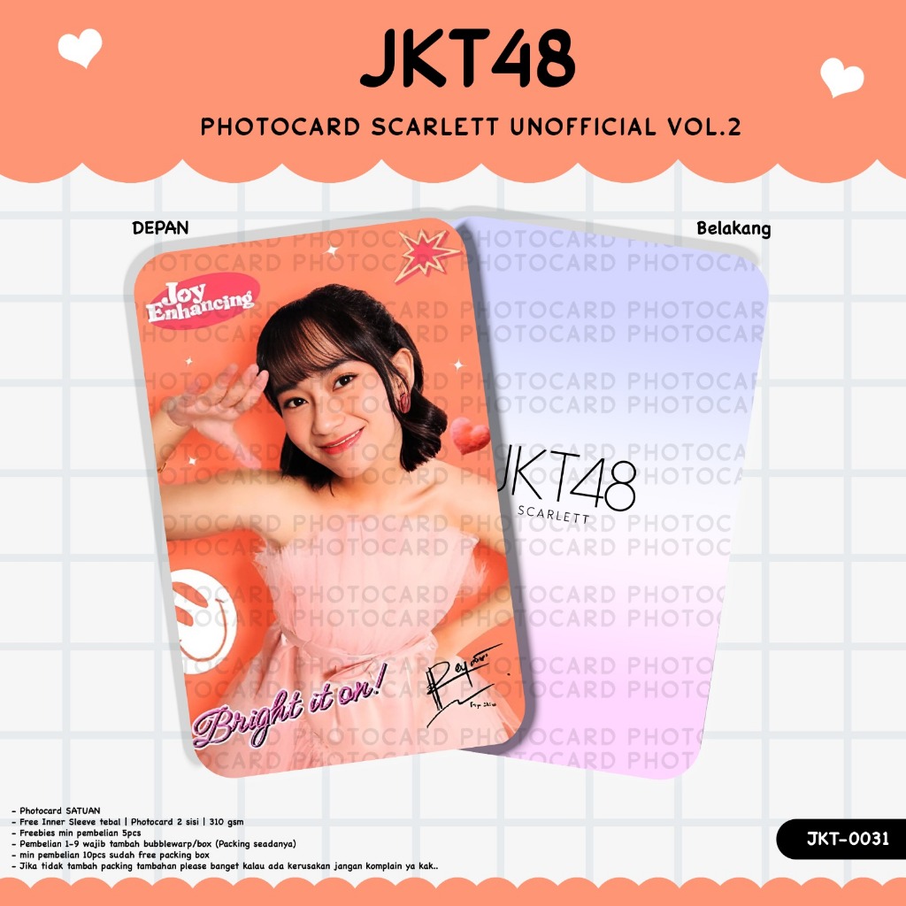 JKT48 X SCARLETTS LATEST COLLECTION PHOTOCARD VOL.2 และ VOL.3 UNOFFICIAL FANMADE THICK MATERIAL 2 ด้