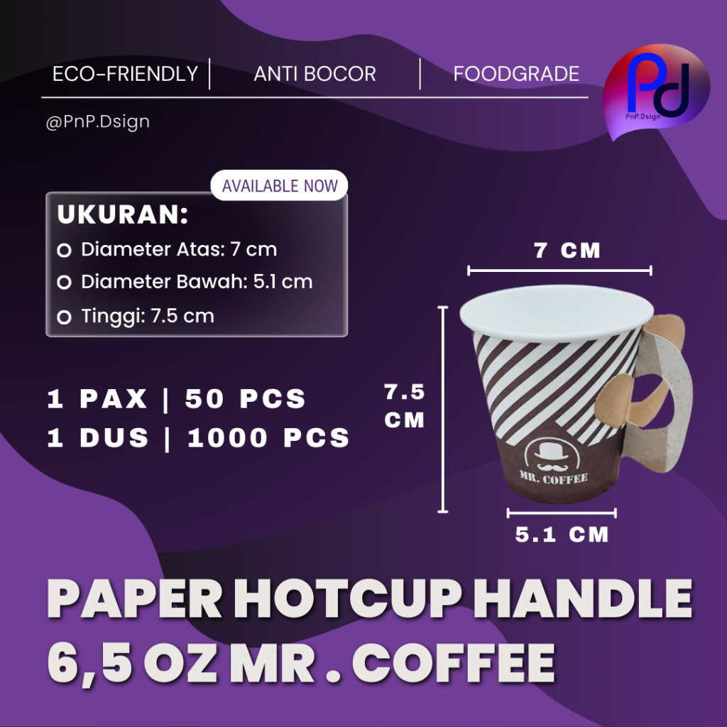 Paper Hot Cup 6.5 oz 180 ml ถ้วยกระดาษมีด้ามจับ Mr Coffee 50 ชิ้น