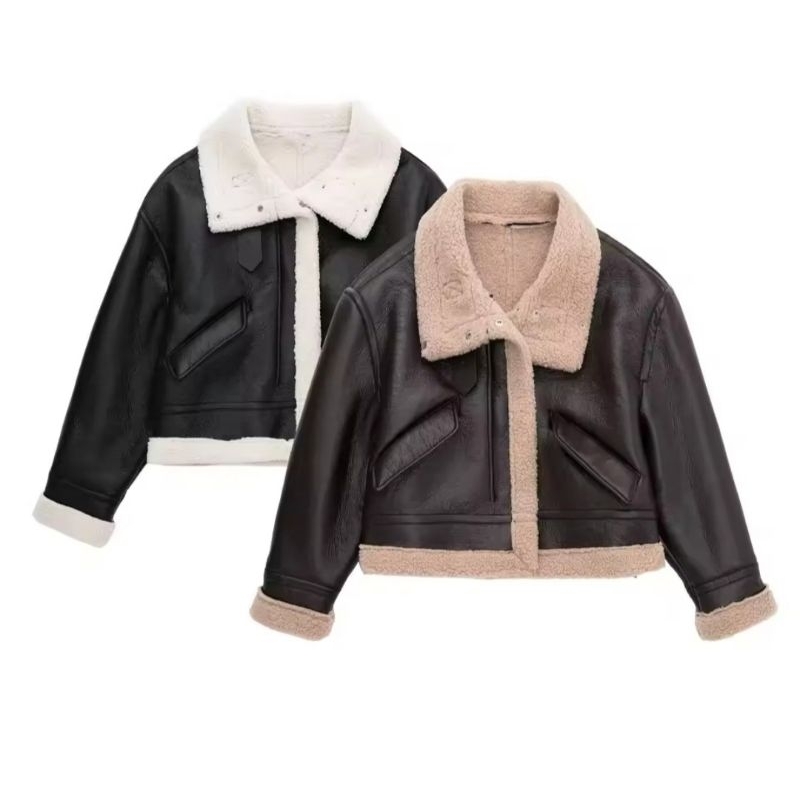 ผู้หญิง SEMI LEATHER CROP TOP FUR JACKET