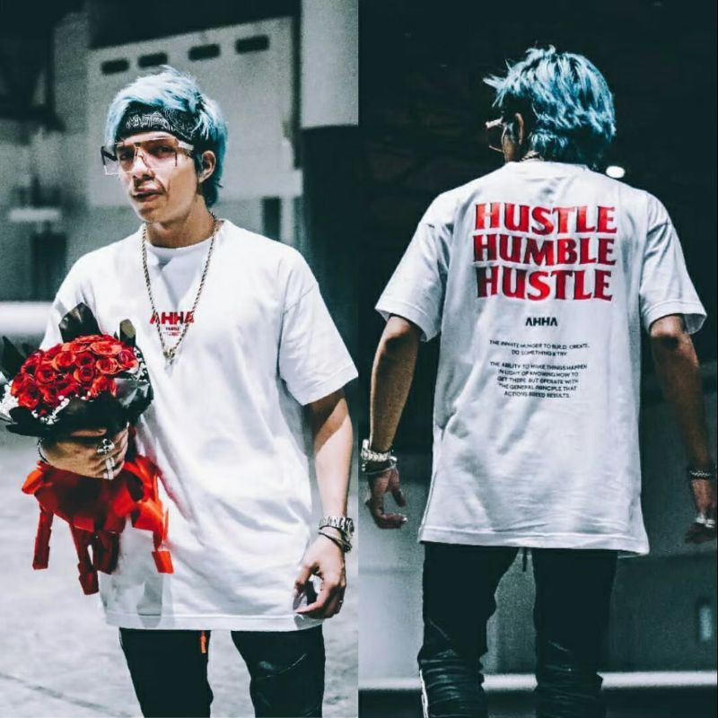 AHHA GANG Hustle Humble Black & White Simple Hype Beast แขนสั้นผู้ชายและผู้หญิง Distro เสื้อยืด - Atta Halilintar Habbit เสื้อยืด bandung Distro เสื้อผ้า