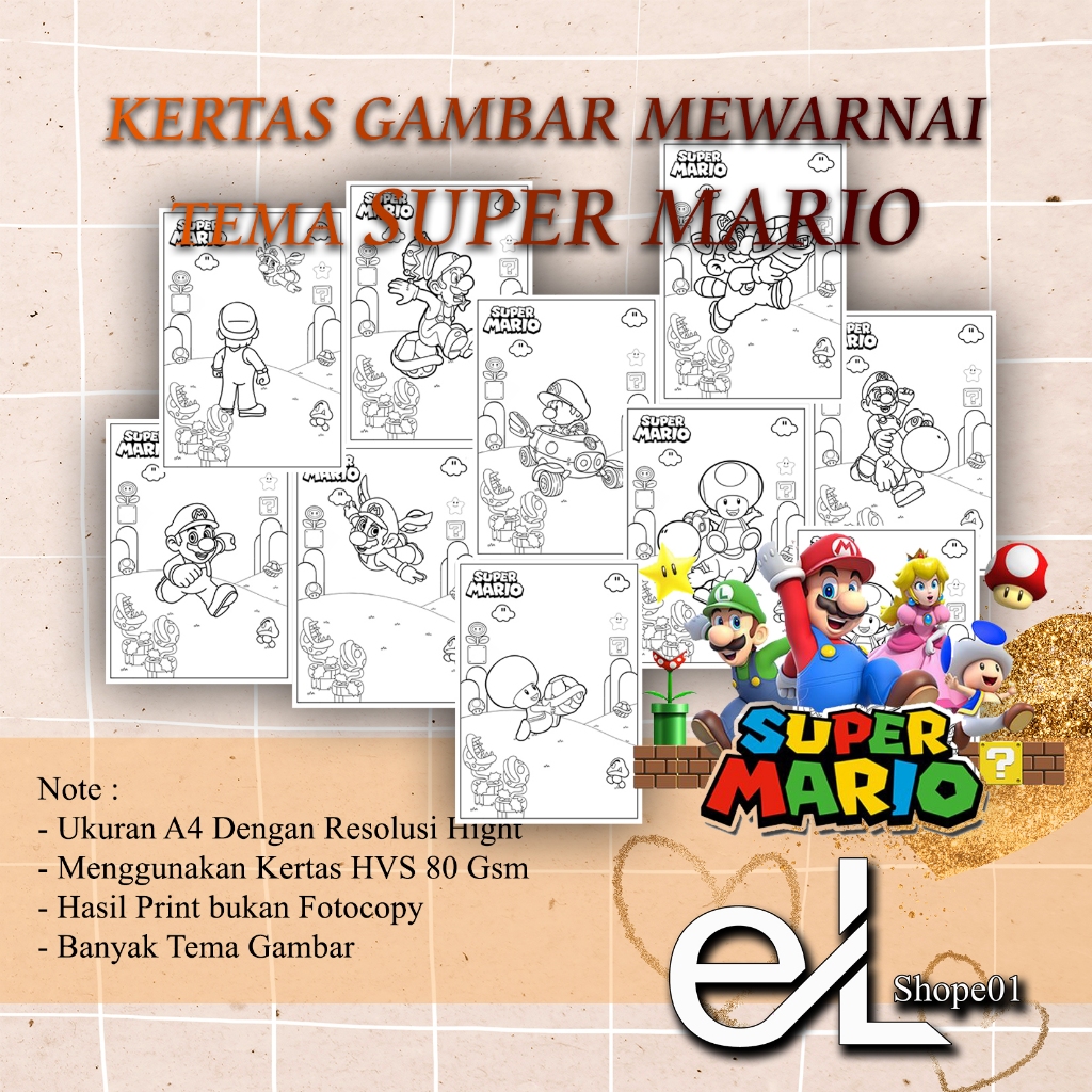 25 - 50 แผ่นของกระดาษระบายสีธีม SUPER MARIO Hvs 80 Gsm A5 / A4 ขนาด