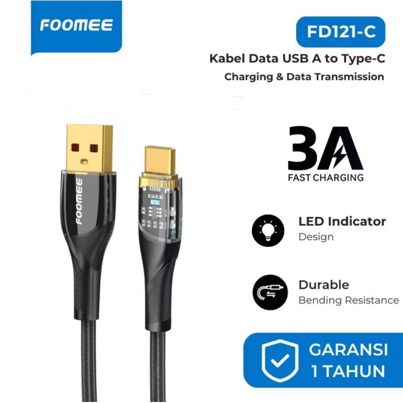Foomee FD121-C 3A สายเคเบิลข้อมูล Type-C ที่ชาร์จเร็วแบบโปร่งใส