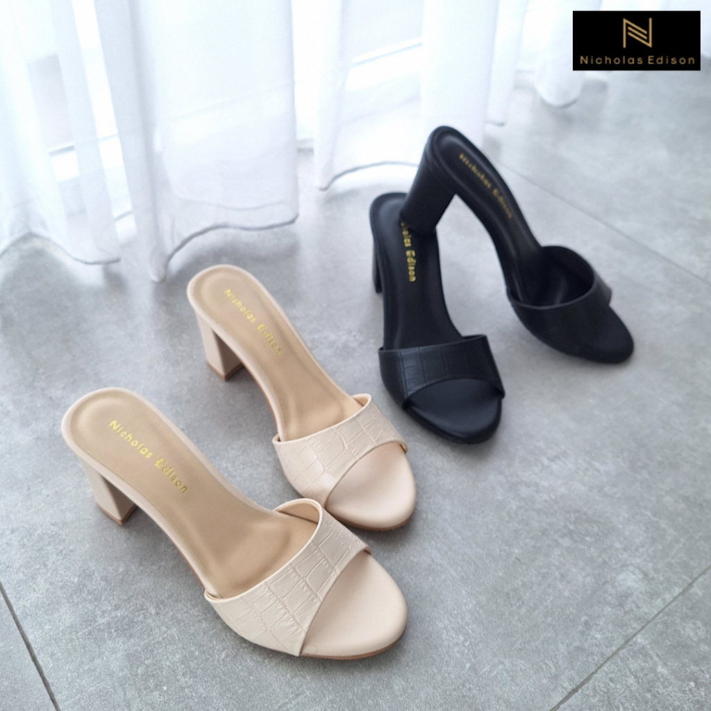 Nicholas edison Heel tera 7.5cm รองเท้าแตะส้นหนา croco ดั้งเดิมล่าสุด