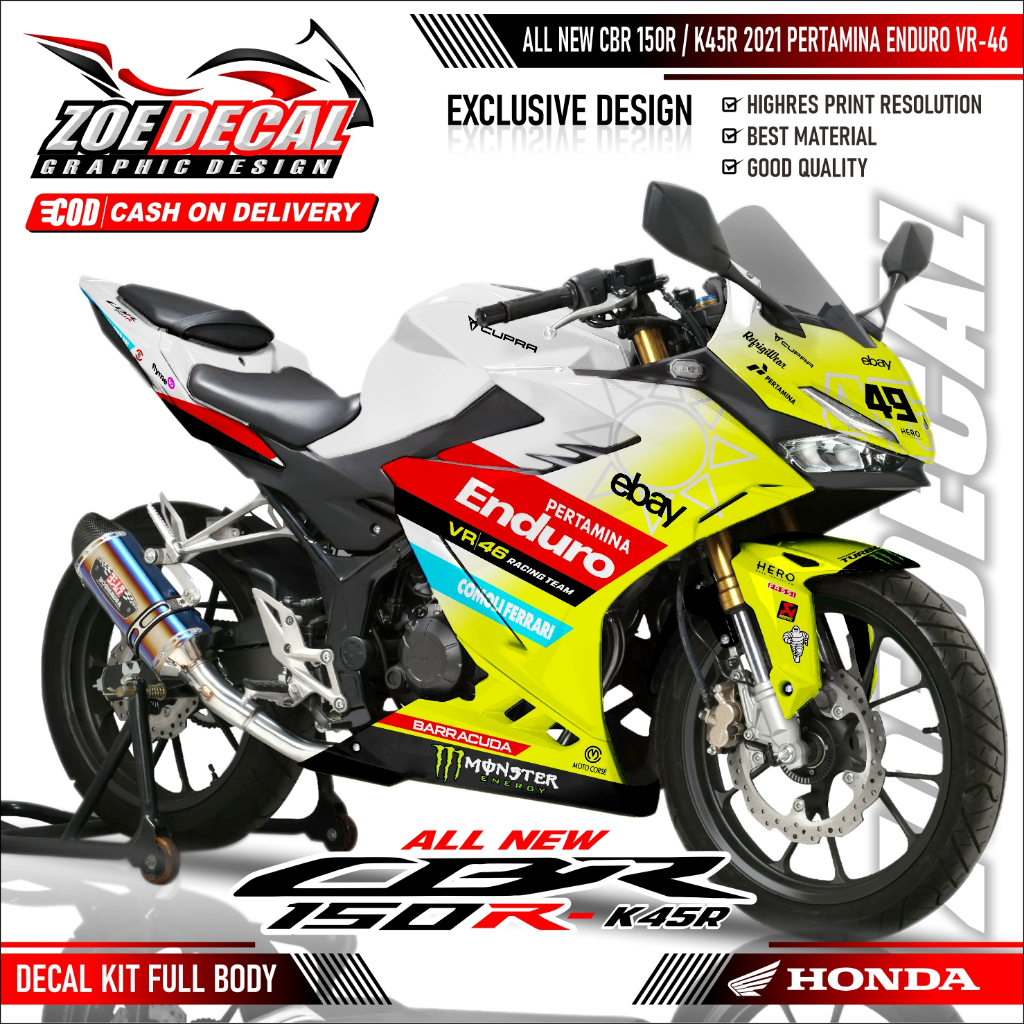 สติกเกอร์รูปลอกเต็มตัวล่าสุด Honda CBR 150R / K45R Livery / Motif 2025 VR-46 PERTAINA ENDURO MotoGP 