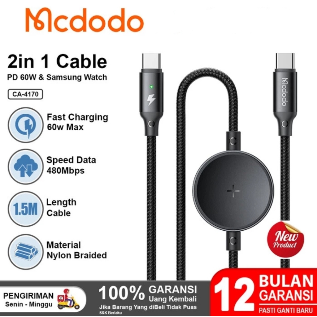 MCDODO 2in1 Type C Fast Charging 60w Cable + Samsung Galaxy Watch 4 5 6 7 Active 1 2 2.5w Max Charge