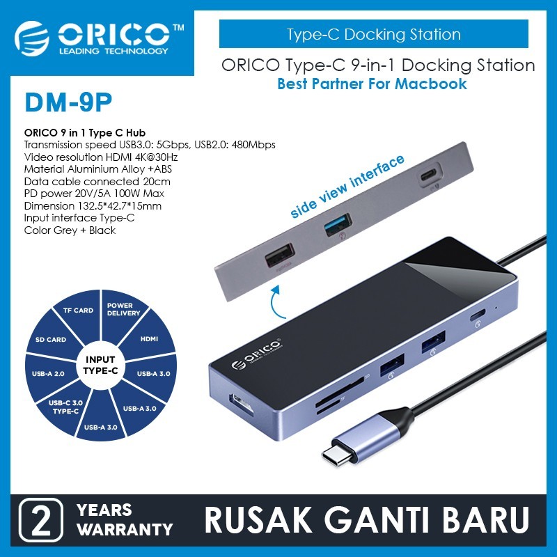 ORICO 9in1 Type C ถึง USB-A3.0/2.0 USB-C PD 100W HDMI TF SD Card- DM-9P