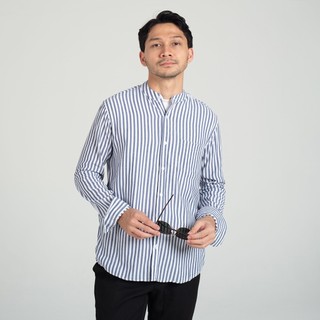 Kemeja Koko Garis Pria WOODCUTTER Collarless Butcher Stripe Kerah Shanghai - Denim Blue Biru Panjang