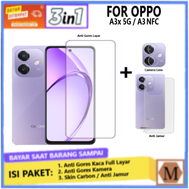 LAYAR 3in1 กระจกนิรภัยแพคเกจ Oppo A3x 5G A3 NFC A3x 4G คลุมทั้งหมด Anti-Scratch Glass ป้องกันหน้าจอ 