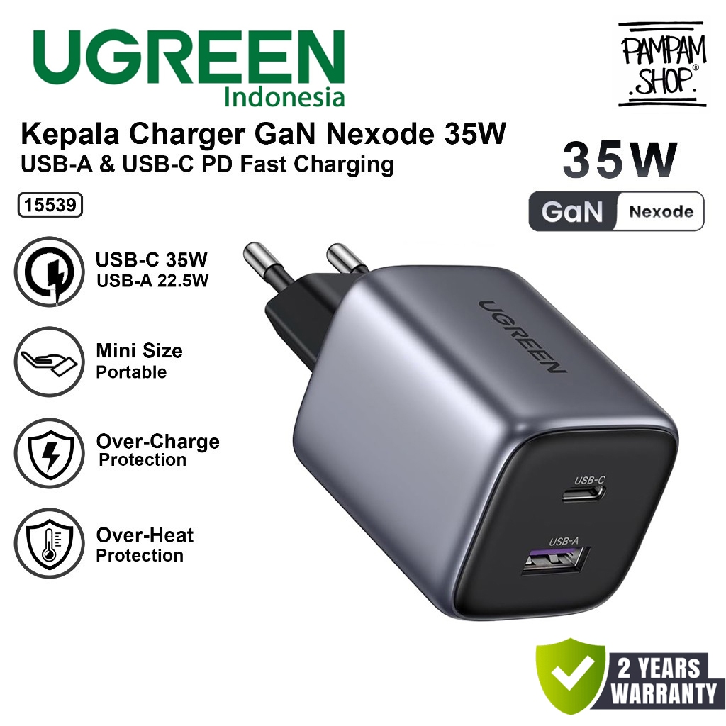 UGREEN 15539 Nexode Charger Head Adapter Gan 35W 3A Dual Port Output Type C USB A Super Fast Chargin