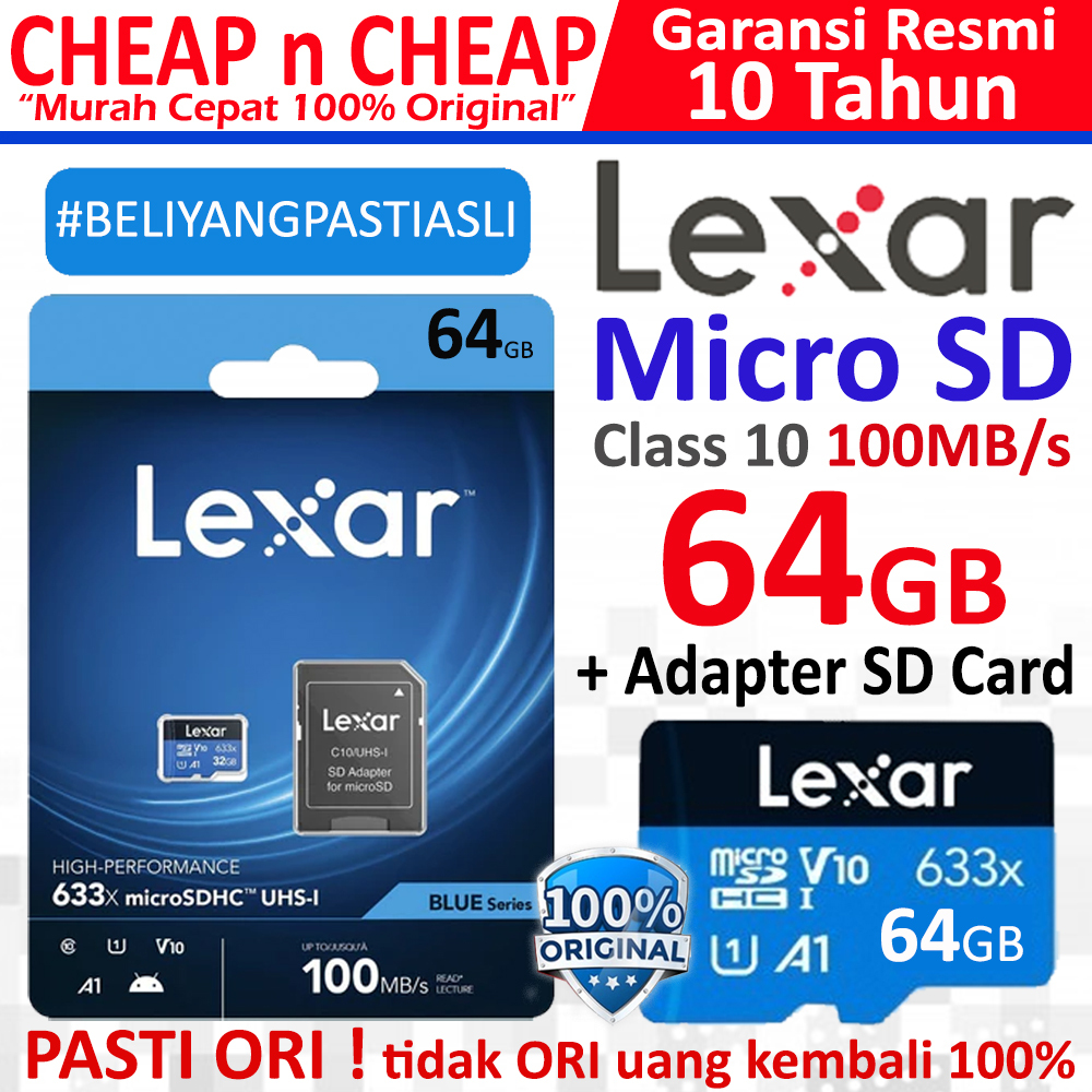 Micro SD Lexar 64GB ประสิทธิภาพสูง 633x 100MBps Class 10 Original - MicroSDXC UHS-I A1 64 GB หน่วยคว