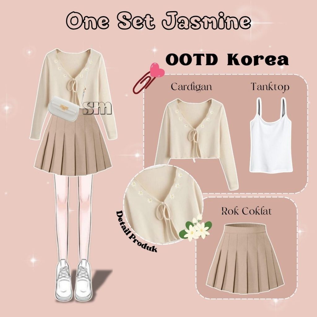 One Set Jasmine Korean Style 3 in 1 Cardigan Cream Tanktop Brown Skirt