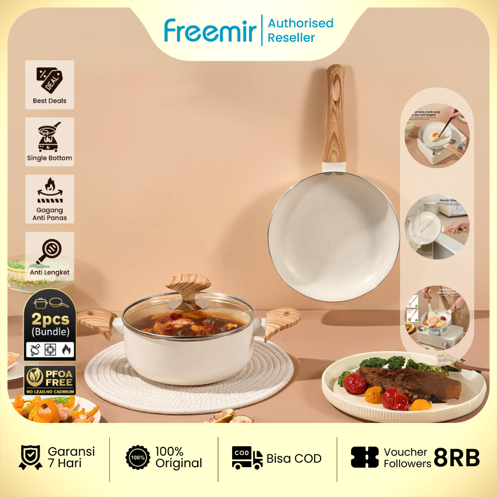freemir Wajan Panci Set Anti Lengket Wajan 20cm Panci 18cm Tutup Kaca Gagang Tahan Panas Putih