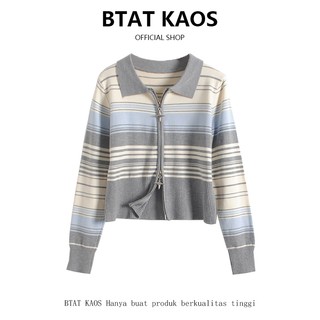 BTAT Atasan Kerah Polo Wanita Kekinian / Crop Top Stripe Zip Ganda Korean Style