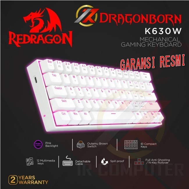 REDRAGON DRAGONBORN - K630W WHITE คีย์บอร์ดเกมกลแบ็คไลท์สีชมพู