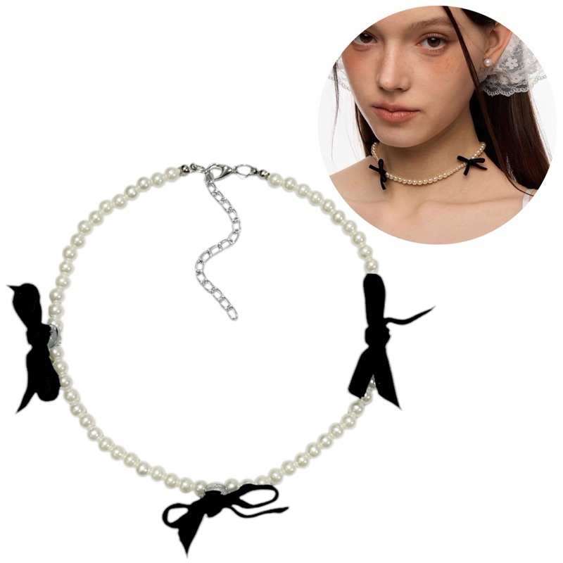 Louella Bow Pearl Necklace Coquette Bead Ribbon Bowknot Ribbon Velvet Necklace