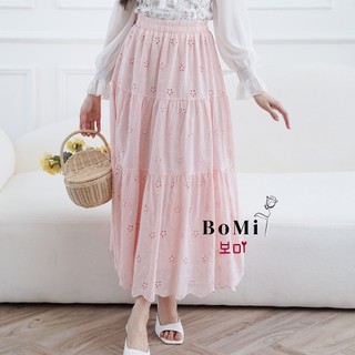 BOMI - SANG HEE Skirt Maxi Flower Korean Katun Bordir Rok Panjang Wanita Tingkat Susun Premium Rok Wanita Basic Daily dengan Furing Nyaman Full Karet
