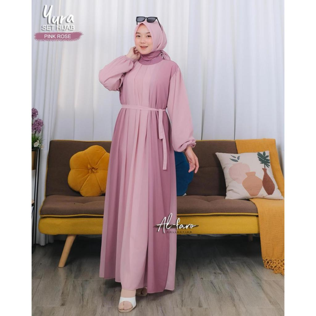 GAMIS SET HIJAB YURA BY ALFARO CERUTY BABYDOLL COLOR OMBRE ELEGANTATION GRADATION