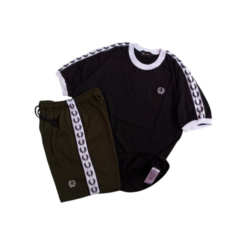 Hitam Fred Perry Taped Ringer Tee Mens Suit เสื้อยืดกางเกงขาสั้นสีดํา