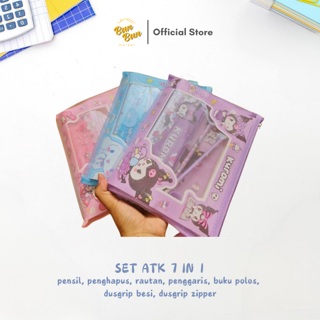 7 IN 1 ชุด / ชุดเครื่องเขียนสําหรับเด็กขนาดใหญ่ Boxgrip Zipper Sanrio เครื่องเขียนตัวละคร Kuromi ATK