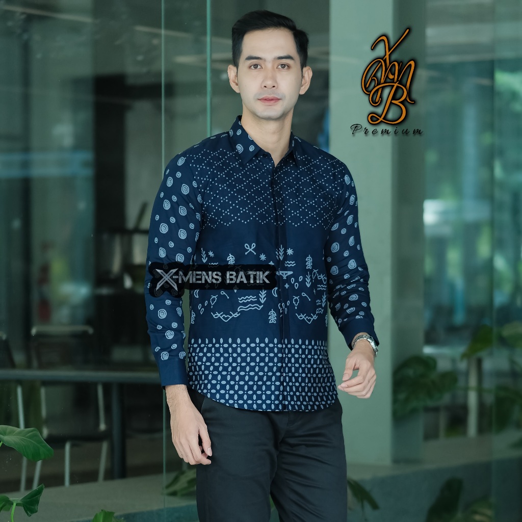 Kemeja KATUN Erro puring ชั้นผ้าฝ้ายพรีเมี่ยม slimfit เสื้อบาติกผู้ชาย WORATA NAVY LONG motif