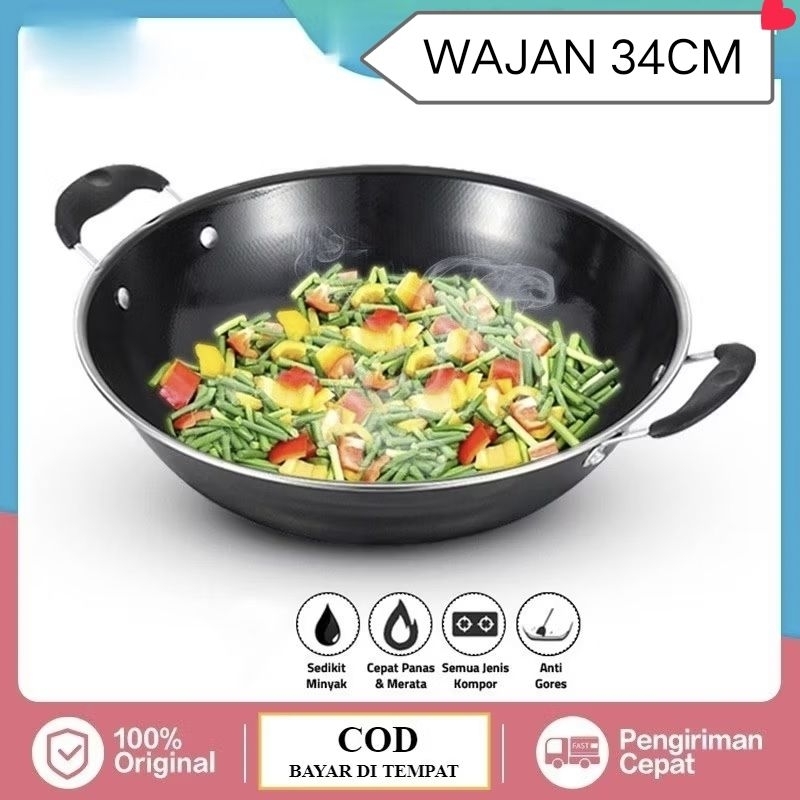 Wajan Enamel Anti Lengket Kuali Penggorengan Wok 34cm Wajan Kuping panci kuali hitam