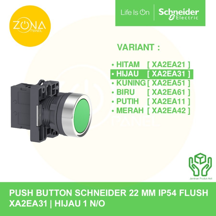HIJAU PUSH BUTTON SCHNEIDER FLUSH สีเขียว 1 ไม่มี 22 มม. IP54 XA2EA31