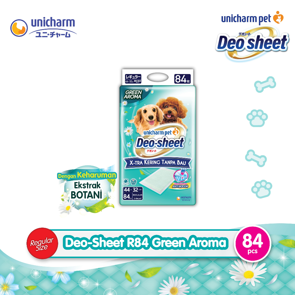 Unicharm Pet Deo-Sheet Green Aroma Regular 84 ชิ้น 44x32ซม. – X-tra Dry Odorless Dog Pee Pad, Quick 