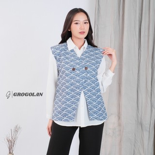 GROGOLAN Vest Outer Rompi Batik V Neck Atasan Wanita Motif Kerang