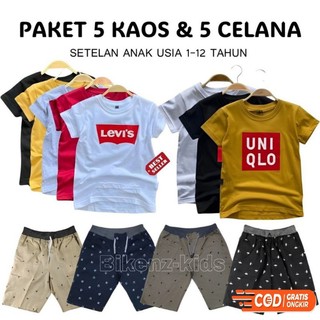 Paket 100Ribu Dapat 5 Setelan Pakaian anak 5 Kaos 5 Celana Pendek Motif/Polos usia 1 - 12 tahun