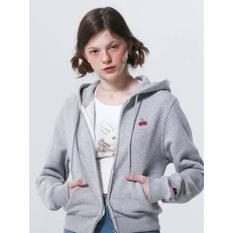 KIRSH Small Cherry Crop Hoodie Zipup [Melange Grey]