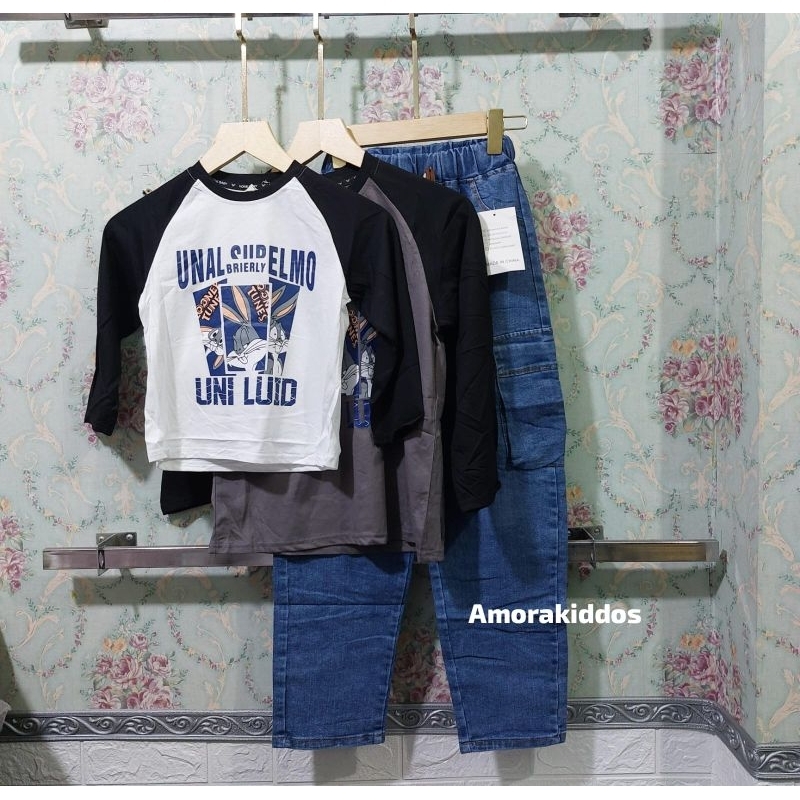 (AGE 7,8,9,10,11TH) KIKII-WHITE GREY RABBIT LONG-SLEEVED T-SHIRT PANTS SET