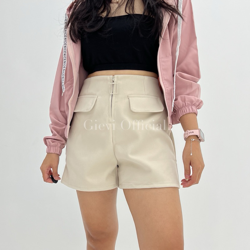 GIEVI IMPORT - กางเกงขาสั้น Ringga กางเกงขาสั้นลําลองผู้หญิง Simple Zipper Casual Plain Pattern