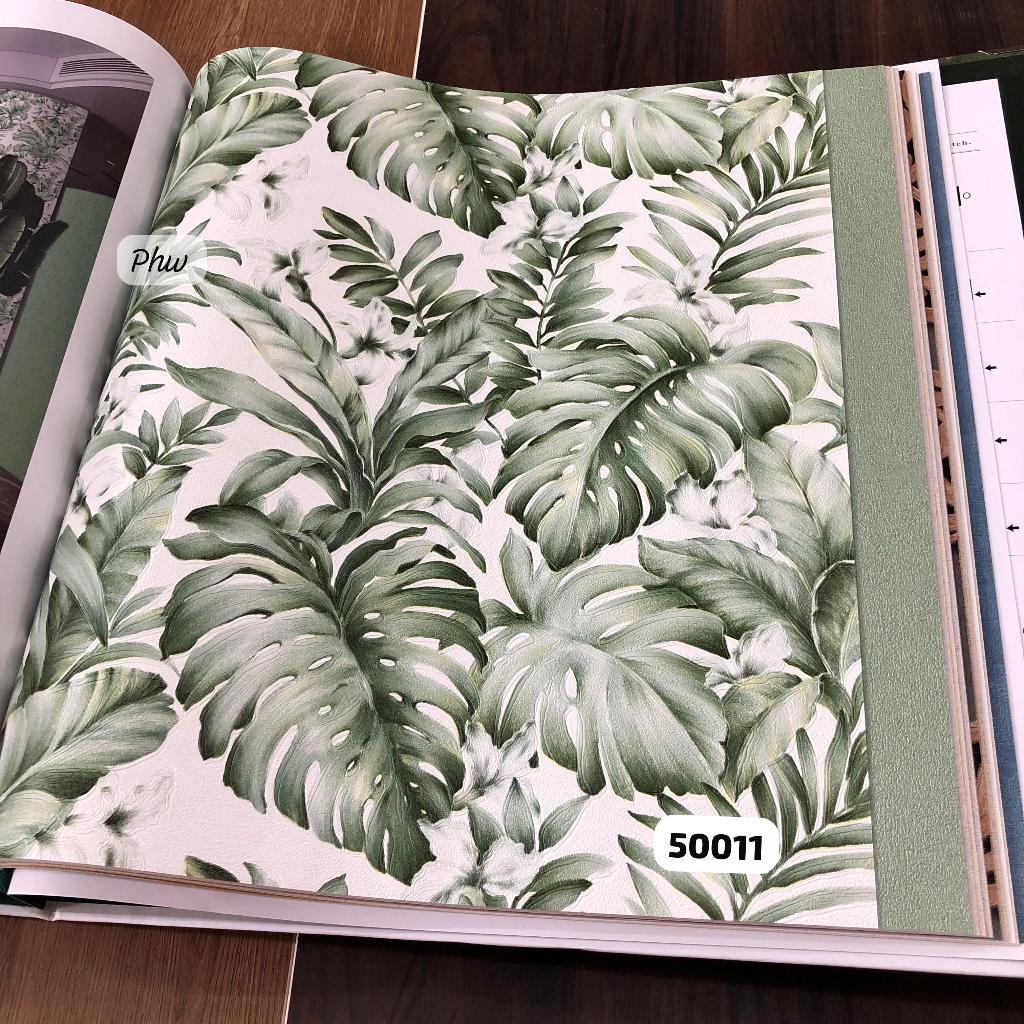 HIJAU MODERN DAWN NATURAL GREEN GREY BROWN PALM LEAF WALLPAPER