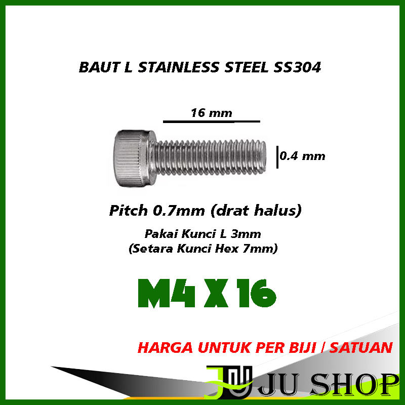 Bolt L M4x16 (SMOOTH) (คีย์ 7MM / 3MM L) สแตนเลส M4 x 16 SS304 (PRICE PER PIECE)