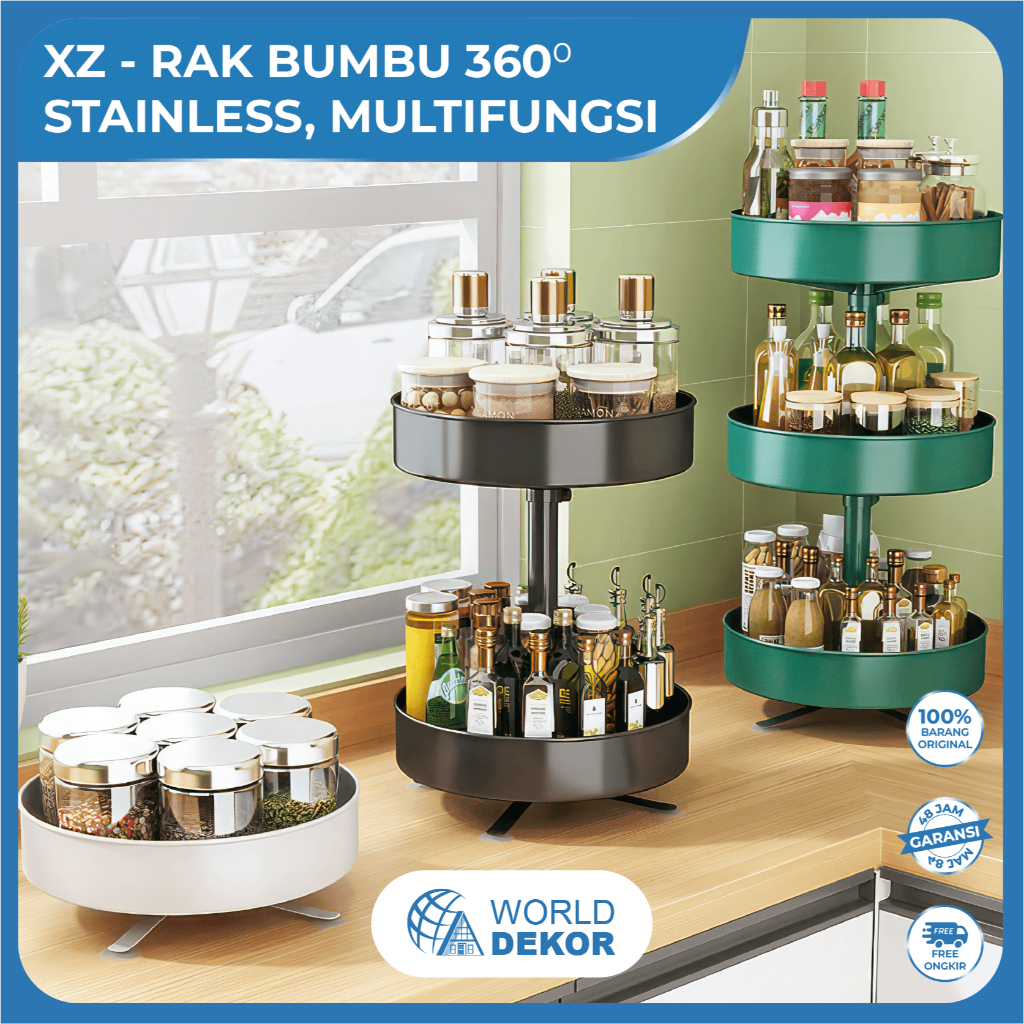 BI ชั้นวางเครื่องเทศในครัว Xz หมุนได้ 360 ที่เก็บของสแตนเลส - Worlddekor