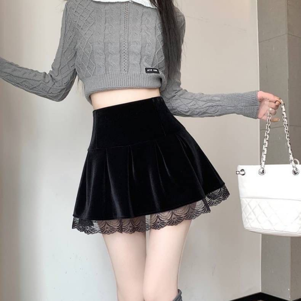 กระโปรง MIni ลูกไม้แฟชั่น JR | กระโปรงสั้นลูกไม้กํามะหยี่ (JR6521)