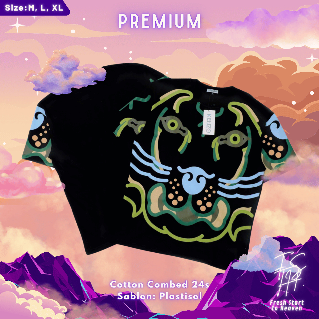 Kenzo Tiger 24s เสื้อยืดผ้าฝ้ายหวีผ้าสีดํา Plastisol Screen Printing