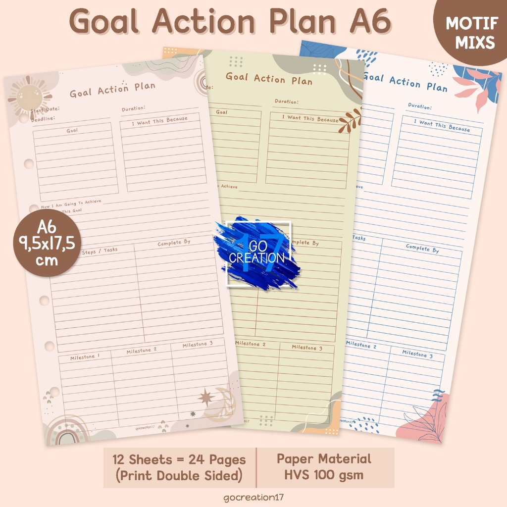 Planner Book Refill Binder Paper Goal Action Plan Premium Motif A6